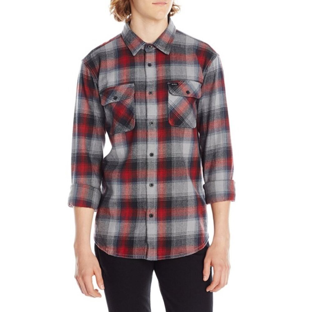 Rvca Highland Plaid Flannel Shirt Long Sleeve Red White Black Size Large